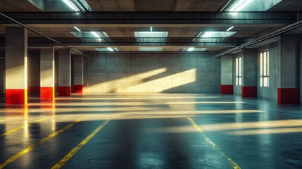 Obraz premium Modern empty car garage, harsh overhead lighting casting sharp shadows across the high ceiling