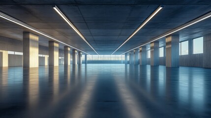 Fototapeta premium Modern empty car garage, harsh overhead lighting casting sharp shadows across the high ceiling