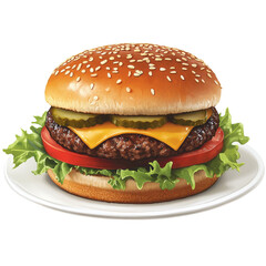 A juicy cheeseburger with sesame seed bun lettuce tomato and pickles served on a white plate.