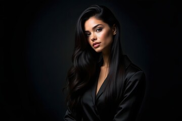 Beauty woman with straight black hair on dark background.