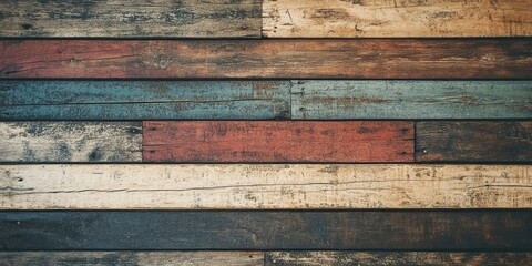 Colorful wooden plank wallpaper featuring a mix of red, blue, white, and brown planks set against a rustic light background in a horizontal layout.