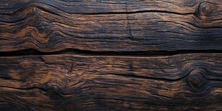 Rich dark brown wood texture with visible grain patterns and deep grooves, creating a rustic background, horizontally oriented.