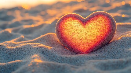 Obraz premium Heart-shaped rock on beach sand at sunset.