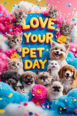 Fototapeta premium Celebration of love pet day illustration poster design with colorful theme and 3d text
