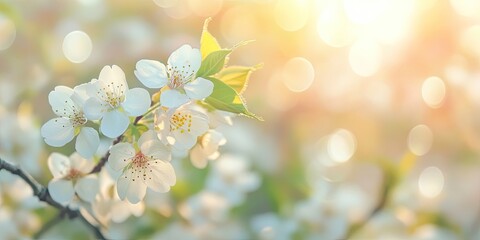 Delicate white cherry blossoms in soft focus with green leaves illuminated by warm sunlight creating a serene spring atmosphere