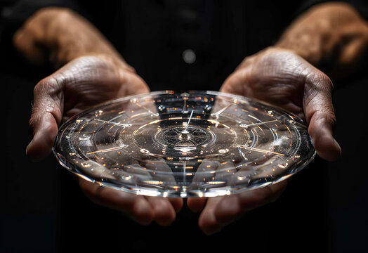 Close-up of a detailed watch model held in hands showcasing its intricate design