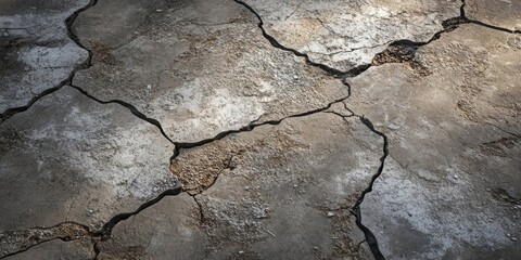 Fototapeta premium Weathered grey cement floor with visible cracks and imperfections illuminated by soft light showcasing a rugged texture and earthy tones.