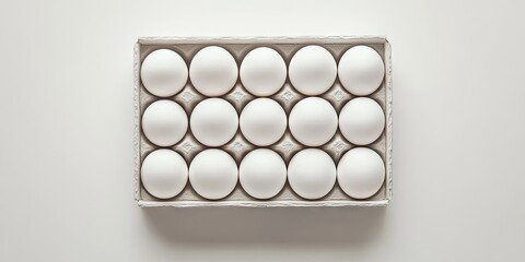 Box of white eggs neatly arranged in a grid on a light white background viewed from above showcasing 16 clean eggs in carton