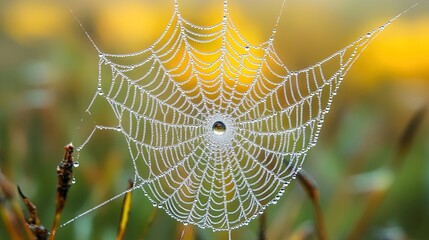 Morning dewdrops on a spider web, intricate and natural details