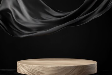 Elegant black fabric drapes over a wooden platform against a black background.