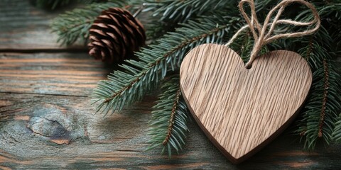 Wooden heart-shaped Christmas decoration on pine branches with a pine cone, set on a rustic wooden surface, perfect for holiday themes.
