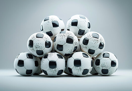 Soccer balls stacked in a creative arrangement on a neutral background for sports enthusiasts - Powered by Adobe