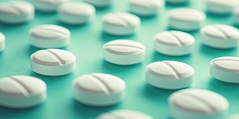 White tablets arranged in a pattern against a soft green background showcasing a healthcare theme emphasizing medication and wellness.