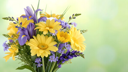 Bouquet of yellow daisies and purple irises on soft green background.