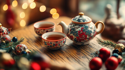 Fototapeta premium Close-up of floral patterned teapot on red tablecloth with festive decorations