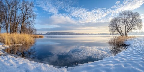 Fototapeta premium Winter serene lake landscape with clear blue sky and cloud reflections, snow-covered banks, golden reeds on the left, and bare trees on the right.