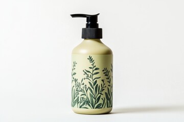 An elegant pump bottle adorned with botanical illustrations. Perfect for personal care or natural products. Emphasizes sustainability and aesthetic beauty. Generative AI