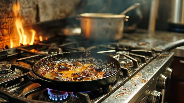 Tray of black charred casserole on stovetop. Spoiled ruined dish, julienne are burnt in oven. Food was overcooked. Bad cook, housewife. Fire in the kitchen.