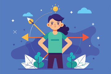 A confident individual stands with an arrow, surrounded by greenery and a bright sun Holding the arrow Customizable Flat Illustration