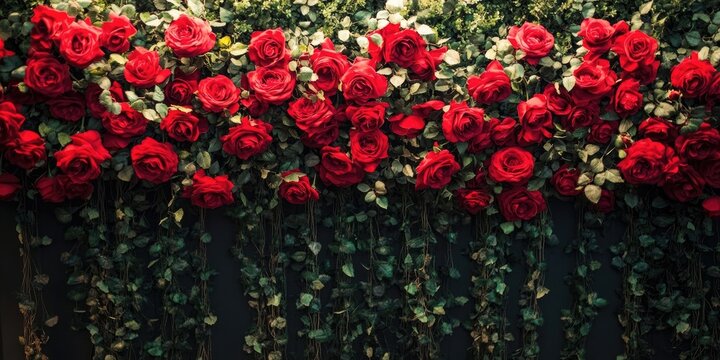 Romantic red rose wedding backdrop with lush greenery and cascading vines ideal for Valentine's Day celebrations, prominently featuring deep red flowers.
