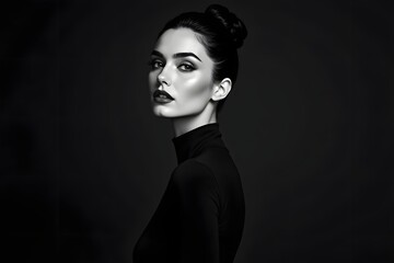 Black and white fashion art studio portrait of beautiful elegant woman in black turtleneck. Hair is collected in high beam.