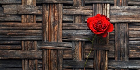Wood and wicker backdrop with intricate brown and grey patterns featuring a single vibrant red rose positioned on the right side of the image.