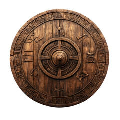 Naklejka premium Ancient Wooden Shield with Engraved Symbols Isolated on Background