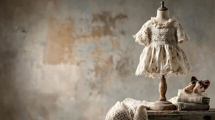 Antique dress form displaying vintage clothing on rustic table, evoking nostalgia and charm