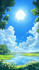 Serene Summer Landscape:  Bright Sun, Clouds, and River