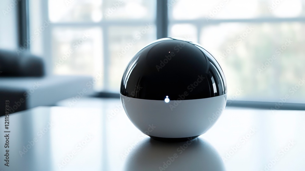 Poster sleek black and white sphere device on modern table near window.