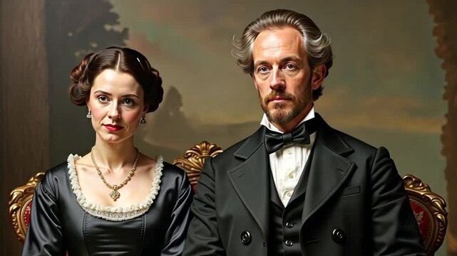 Formal couple portrait from the 1840s; woman in dark satin dress, man in double-breasted coat, both before painted landscape.