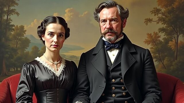 Formal couple portrait from the 1840s; woman in dark satin dress, man in double-breasted coat, both before painted landscape.