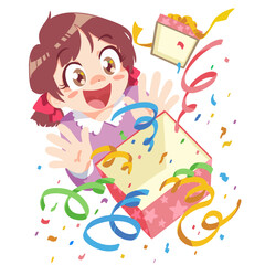 プレゼントを開けて喜ぶ女の子 - 花吹雪とサプライズ