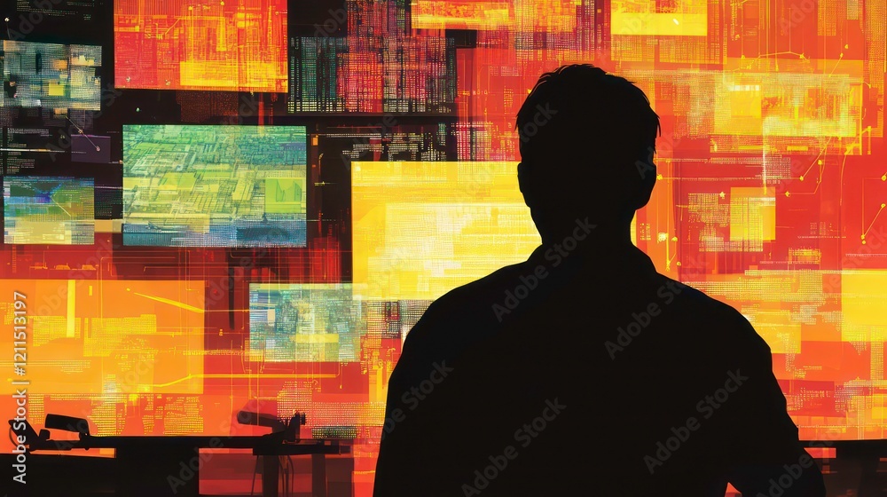 Poster Silhouetted person observing numerous digital screens displaying data streams and colorful patterns.