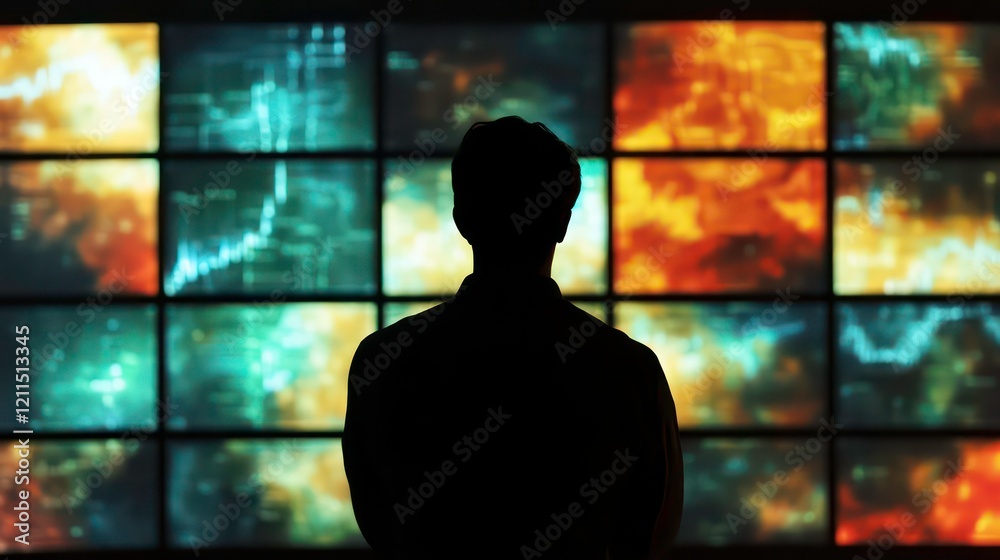 Poster Silhouetted person observing a large screen displaying data visualizations.