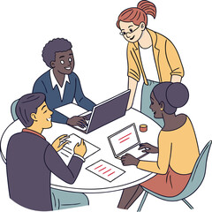 Partners meeting for business discussion with documents and laptop on desk. Couple at round table, speaking, discussing work, partnership. Flat vector on a white background
