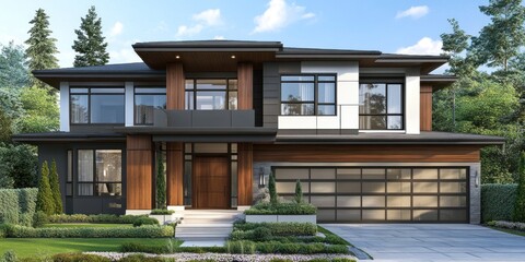 Fototapeta premium Modern Two Story House With Wooden Accents