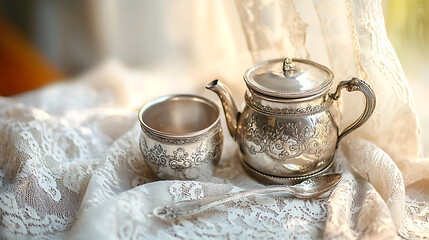 Antique silver tea set with delicate engravings on lace fabric, evoking elegance and nostalgia