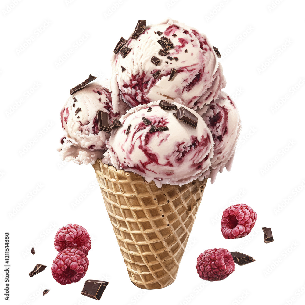 Poster a delectable image shows raspberry and chocolate swirl ice cream in a waffle cone, surrounded by fre