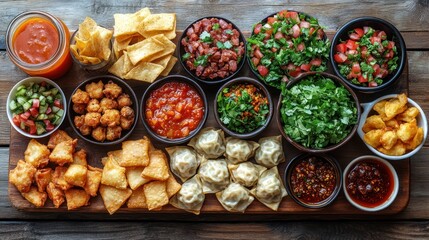 A vibrant assortment of colorful appetizers and dips arranged on a wooden platter, perfect for sharing