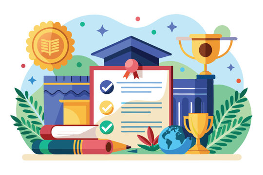 A certificate confirming university completion is shown with awards and books in a study area Horizontal document confirming completion of university program,