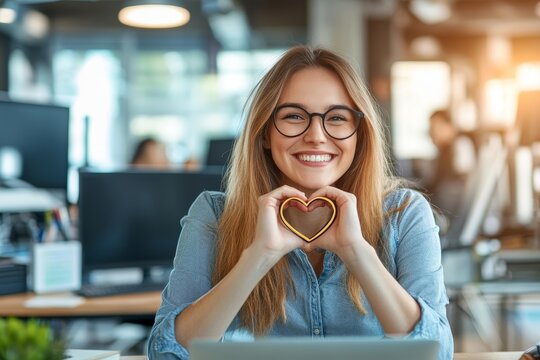 Woman, call center and laptop with heart gesture for telemarketing, customer service or support at the office. Portrait of happy employee consultant with smile and hands with love symbol by computer, 