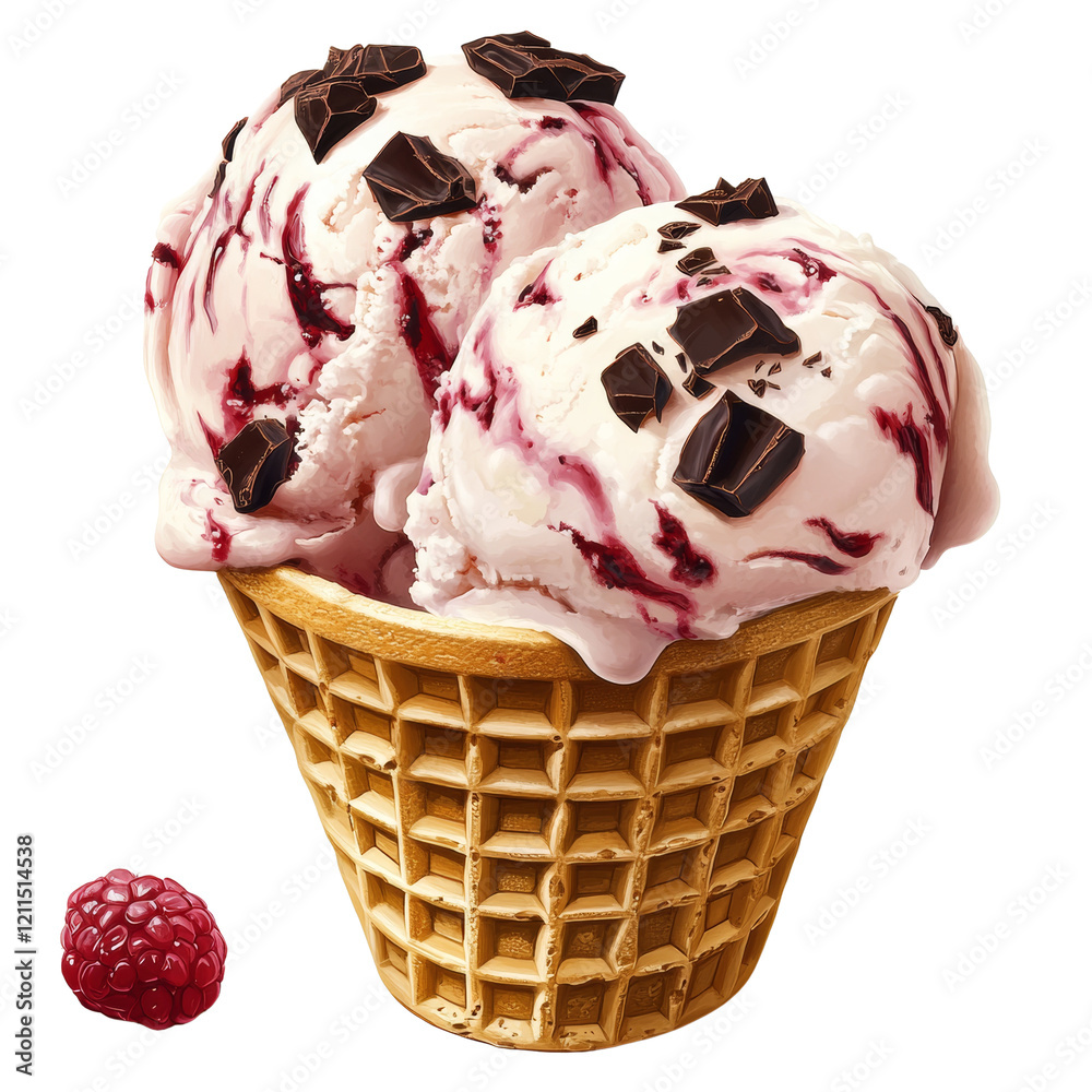 Aufkleber Two scoops of raspberry and chocolate chip ice cream sit atop a waffle cone with fresh raspberries beside it.