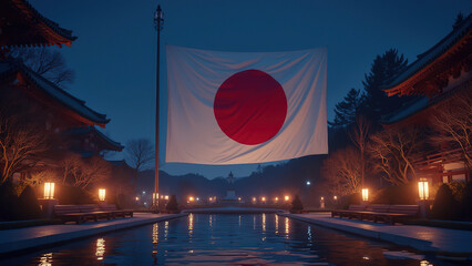 Japan Emperor's Birthday Celebration: Illuminated Japanese Flag Against Serene Night Sky"