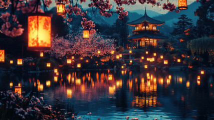 Obraz premium Riverside scene with floating lanterns, cherry blossoms, and temple in the distance