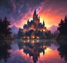 Obraz premium Illustration of glowing mystery tower castle in night.