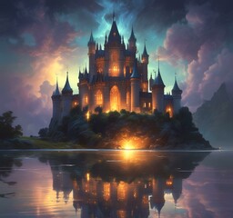 Fototapeta premium Illustration of glowing mystery tower castle in night.