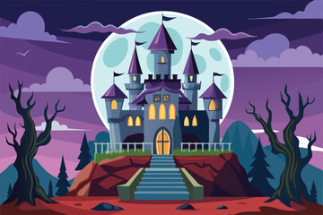 A haunting castle is set against a large full moon, surrounded by eerie trees in a dark landscape Horror castle Customizable Semi Flat Illustration