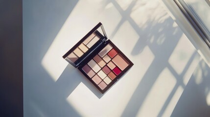 Open makeup palette with various shades of eyeshadow, blush, and lipstick, arranged on a white surface, illuminated by sunlight streaming through a window.