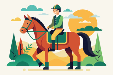 A rider in a green outfit rides a horse through a bright landscape filled with trees and mountains Horseback riding Customizable Flat Illustration